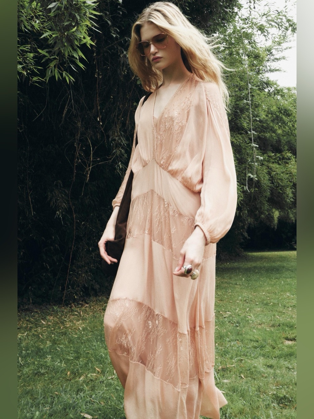 Zara Blush-Pink Combination Maxi Dress with Lace Panels. M NWT